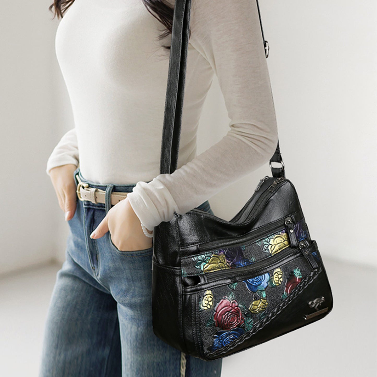 Leather Rose Pattern Shoulder Bag