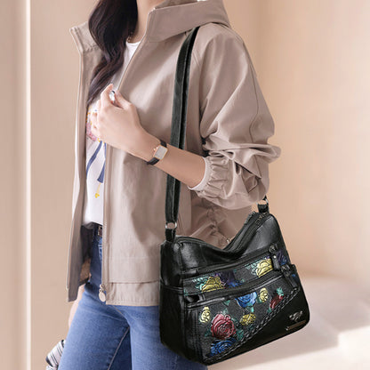 Leather Rose Pattern Shoulder Bag