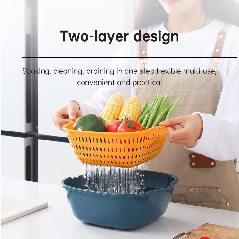 Six-Piece Set Of Multifunctional Kitchen Plastic Double Layer Household Basket Vegetable Washing Basket Large Drainage Basket