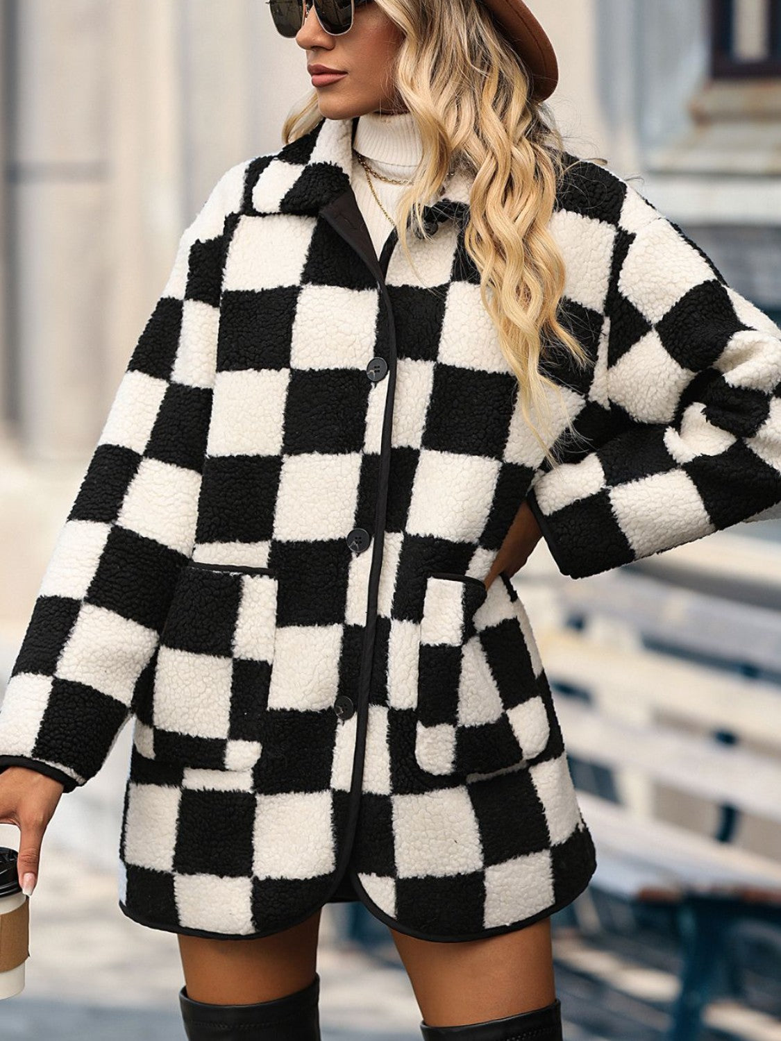 Women's Double Take Checkered Coat with Pockets