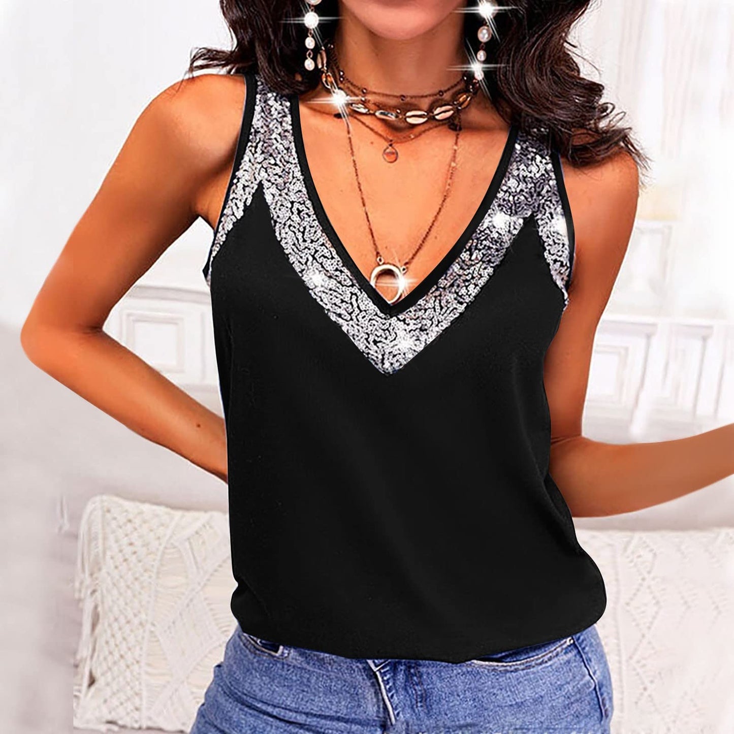 Women's V-Neck Wide Strap Bling Tank Top