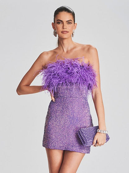 Women's Strapless Ostrich Feather Tube Top Dress