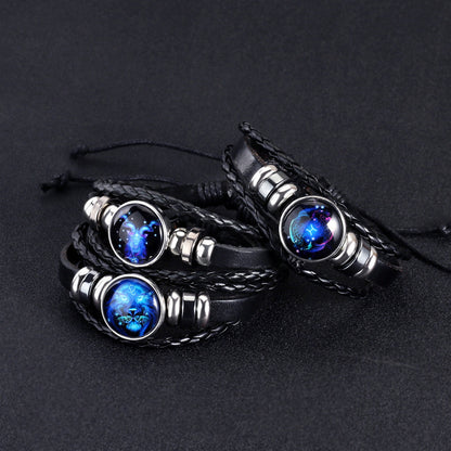 12 Constellations Beaded Glow Leather Bracelet