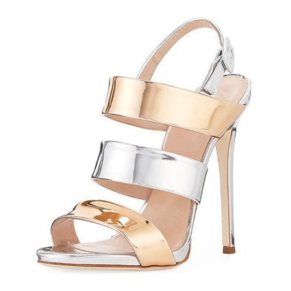 Women's Patent Leather Silver and Gold Strap High Heels