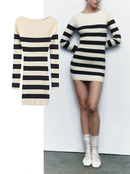 Women's Long Sleeve Striped Knitted Dress