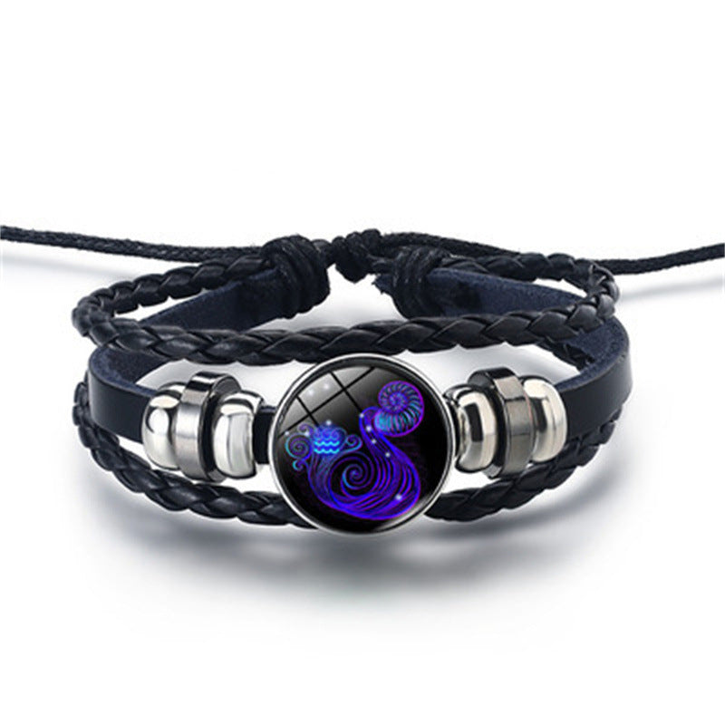 12 Constellations Beaded Glow Leather Bracelet