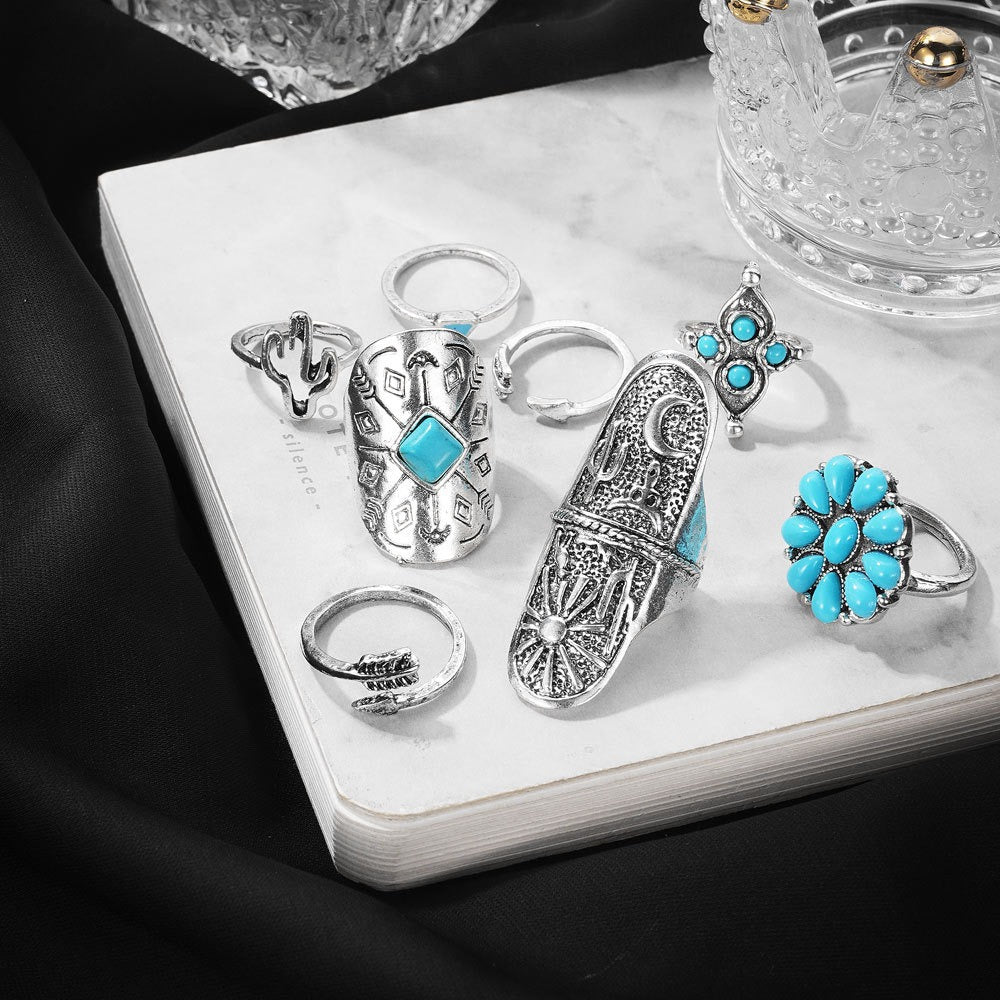 Retro Carved Turquoise 9-Piece Ring Set