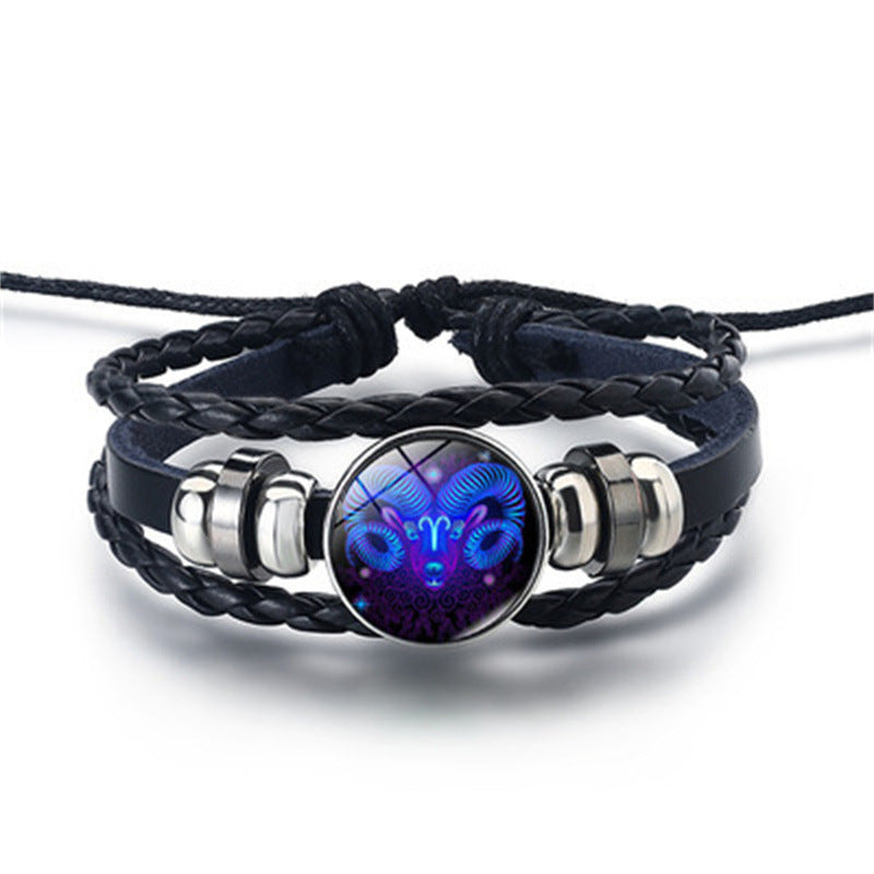 12 Constellations Beaded Glow Leather Bracelet