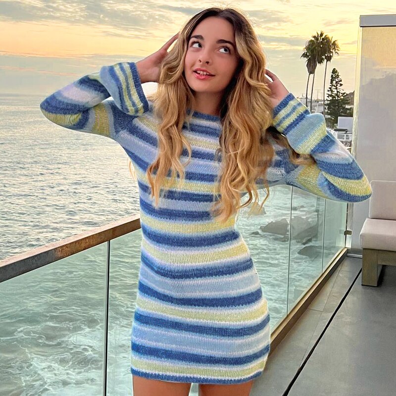 Women's Bodycon Striped Knitted Sweater Dress