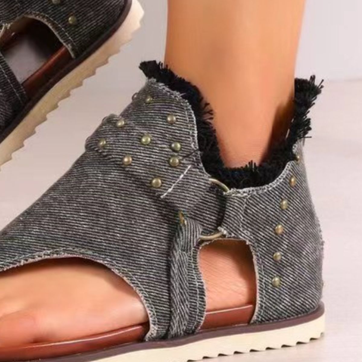 Women's Studded Raw Hem Flat Denim Sandals