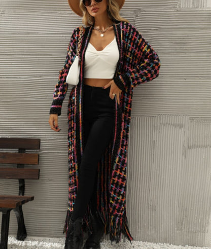 Women's Long Plaid Tassel Boho Cardigan