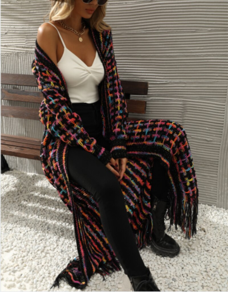 Women's Long Plaid Tassel Boho Cardigan