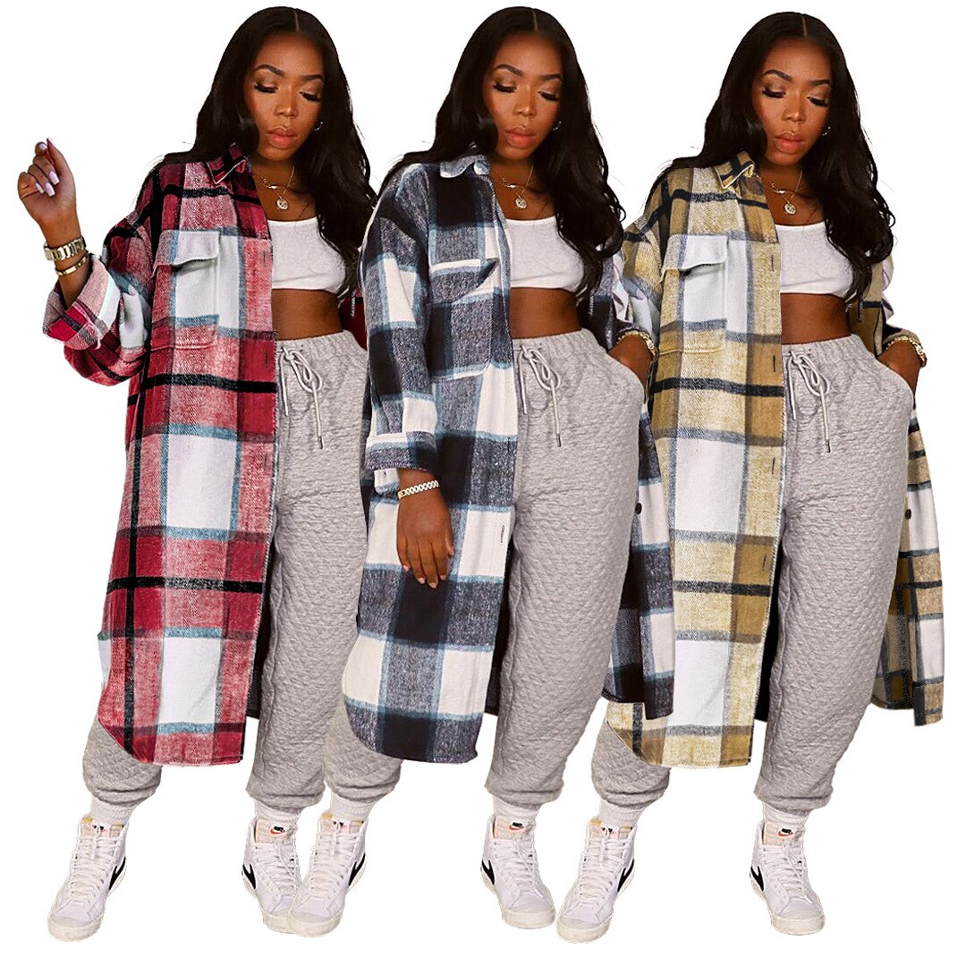 Women's Winter Long Plaid Jacket