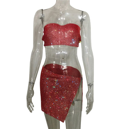 Women's Rhinestone Tube Top and Skirt Set