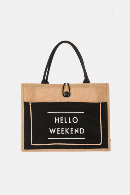 Hello Weekend Burlap Tote Bag