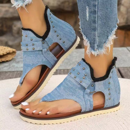 Women's Studded Raw Hem Flat Denim Sandals