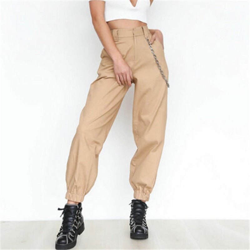 Women's High-Waist Elastic-Bottom Cargo Pants