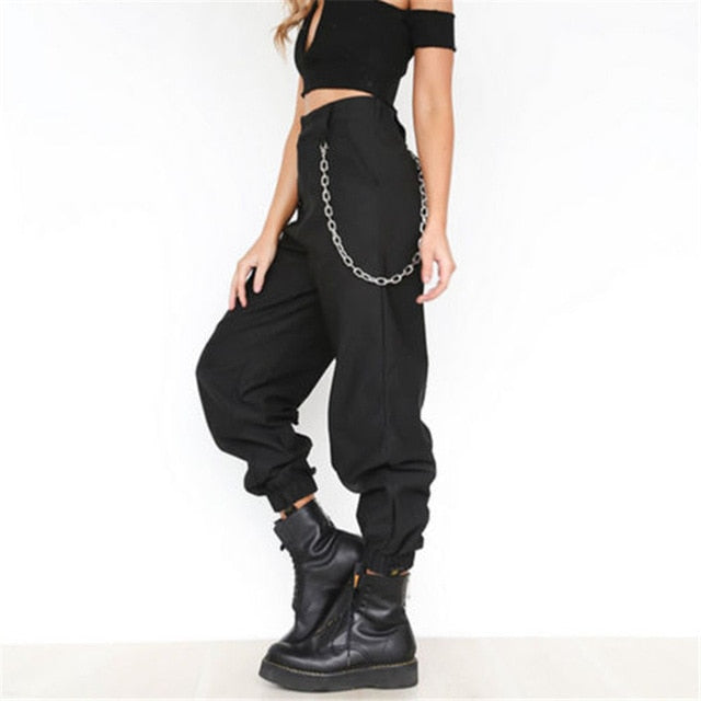 Women's High-Waist Elastic-Bottom Cargo Pants