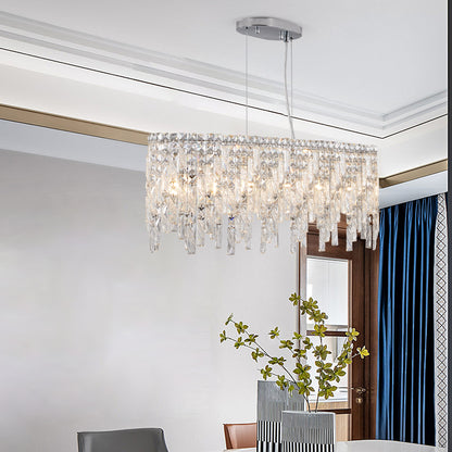 Silver elegant oval crystal pendant light, modern ceiling fixture with reflective suspended crystal (bulb not included)