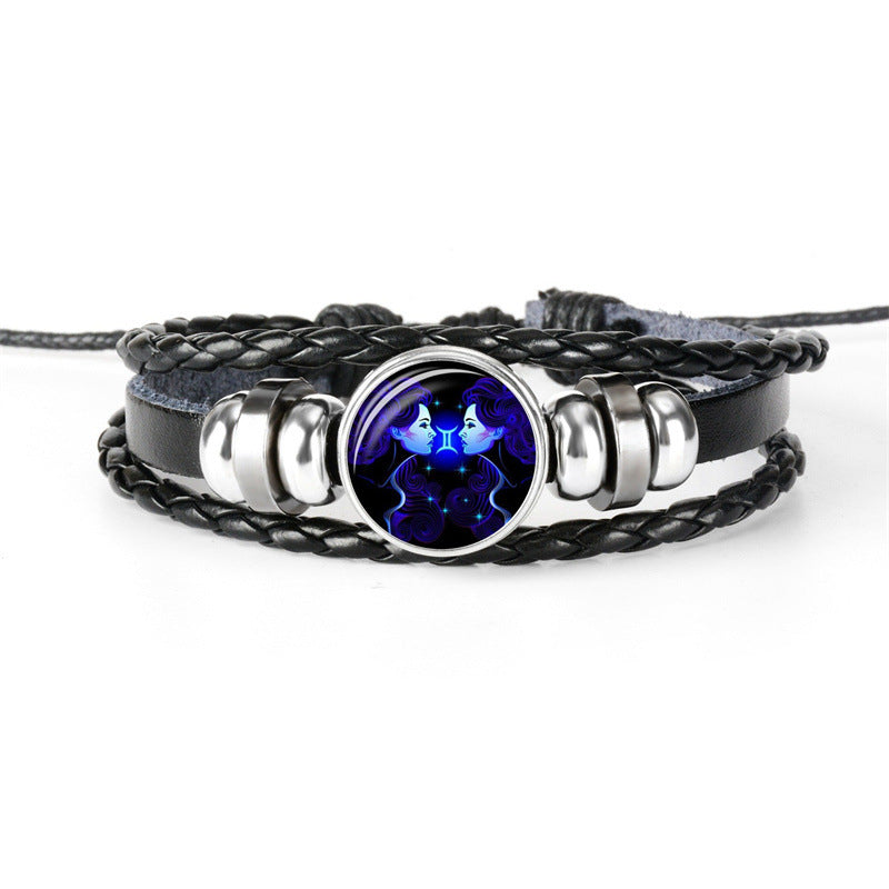 12 Constellations Beaded Glow Leather Bracelet