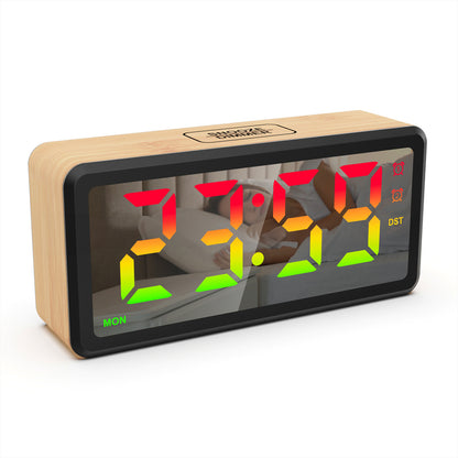 LED Wood-Grain Wooden Clock, RGB Color-Changing Dimming, Daylight Saving Time & Week Display, Desktop Electronic Alarm Clock