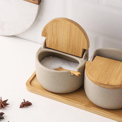 Japanese Ceramic Bamboo and Wood Lid Seasoning Jar Seasoning Box Kitchen Seasoning Storage Jar Salt Sugar Jar Set