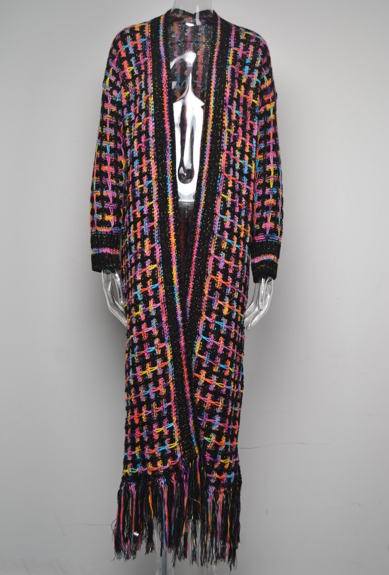 Women's Long Plaid Tassel Boho Cardigan