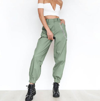 Women's High-Waist Elastic-Bottom Cargo Pants