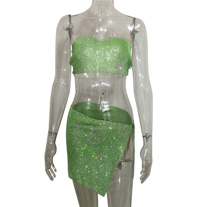 Women's Rhinestone Tube Top and Skirt Set