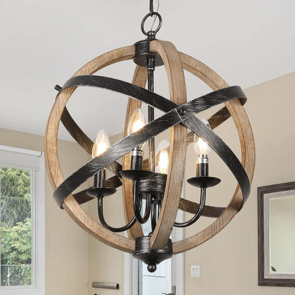 Farmhouse Chandelier Light Fixtures 4-Light Dining Room Light Fixtures Height Adjustable Rustic Wood Light