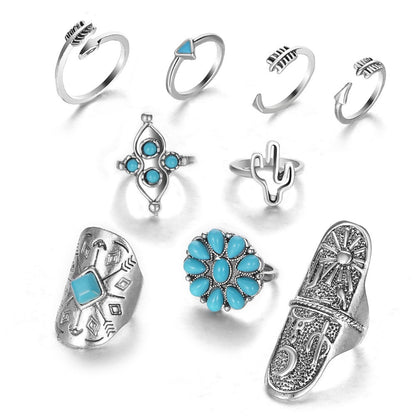 Retro Carved Turquoise 9-Piece Ring Set