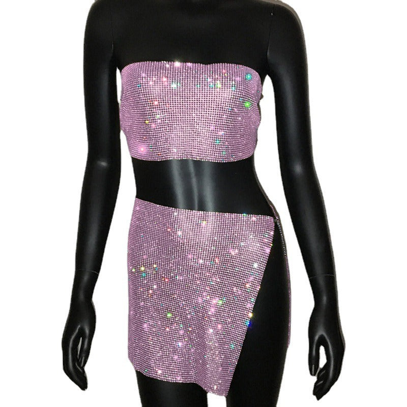 Women's Rhinestone Tube Top and Skirt Set