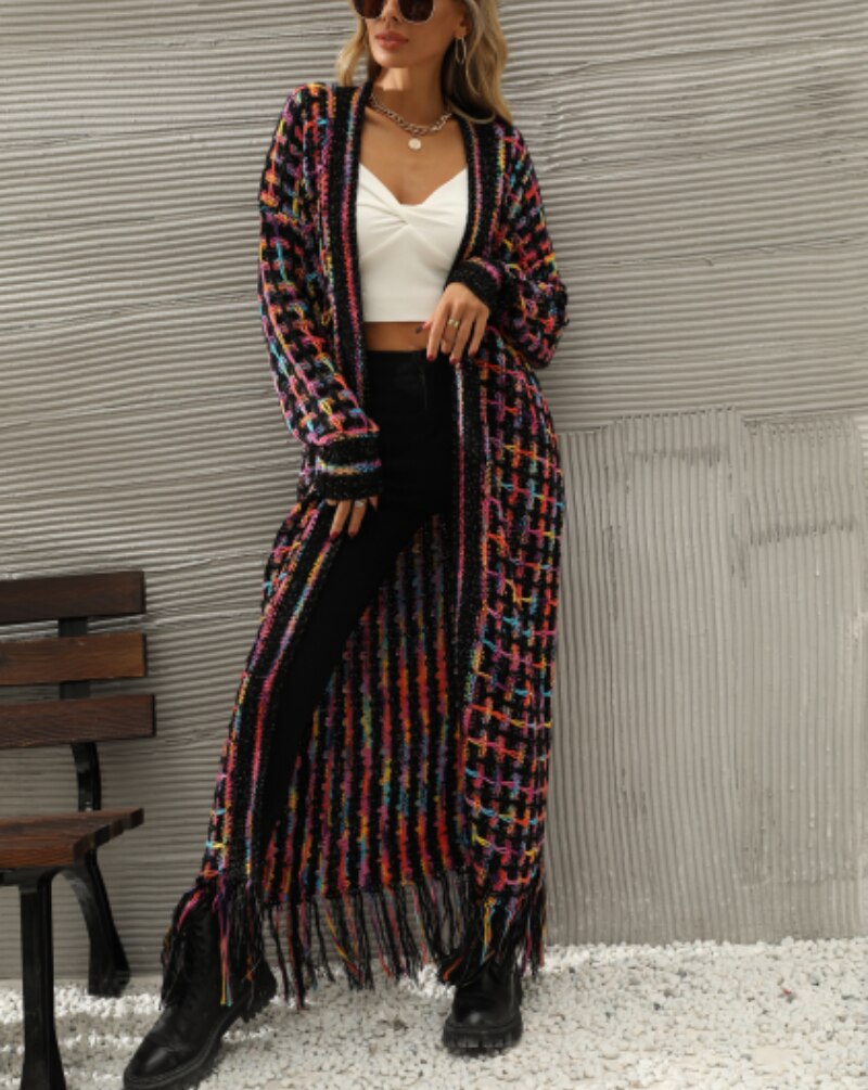 Women's Long Plaid Tassel Boho Cardigan