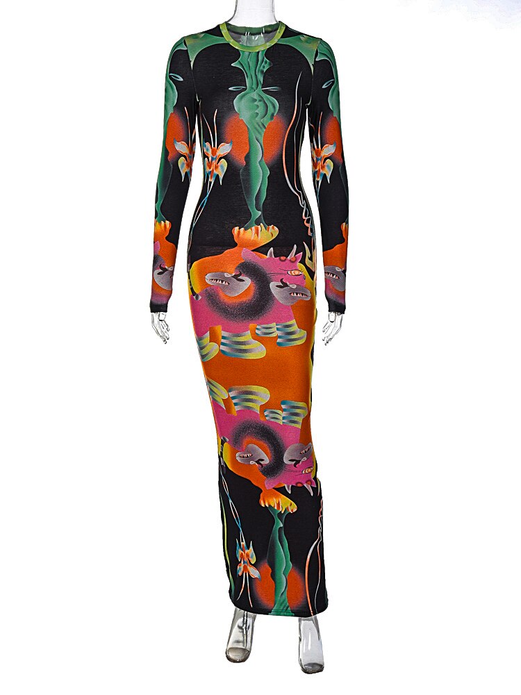 Women's Long Sleeve Sexy Patchwork Slim Maxi Dress