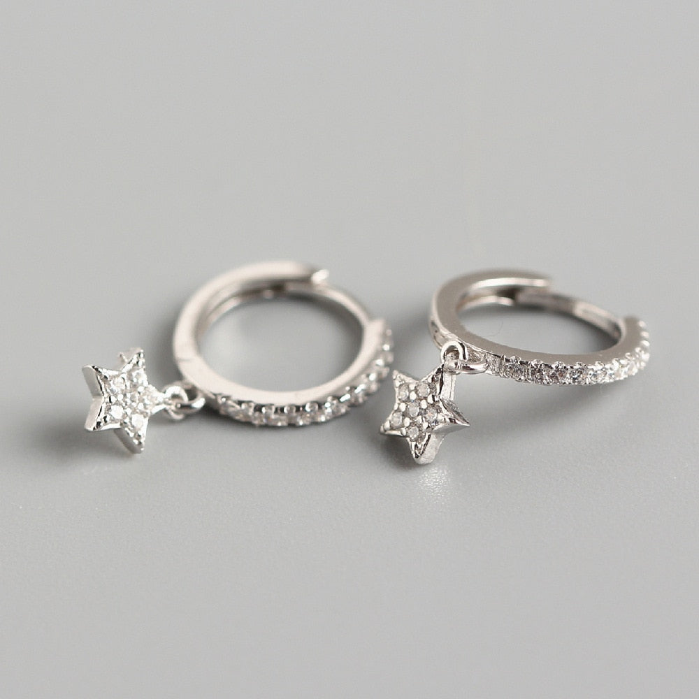 Women's 925 Sterling Silver Diamond Inlaid Star Hoop Earrings