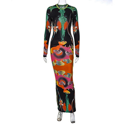 Women's Long Sleeve Sexy Patchwork Slim Maxi Dress