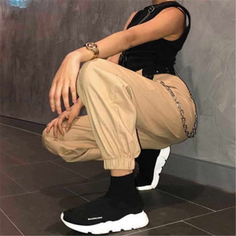 Women's High-Waist Elastic-Bottom Cargo Pants