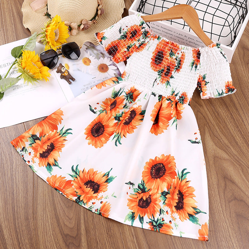 Girl's Sunflower Print Off the Shoulder Dress