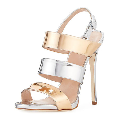 Women's Patent Leather Silver and Gold Strap High Heels