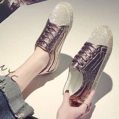 Women's Golden Silver Rhinestone Slip-On Canvas Shoes