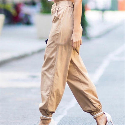 Women's High-Waist Elastic-Bottom Cargo Pants