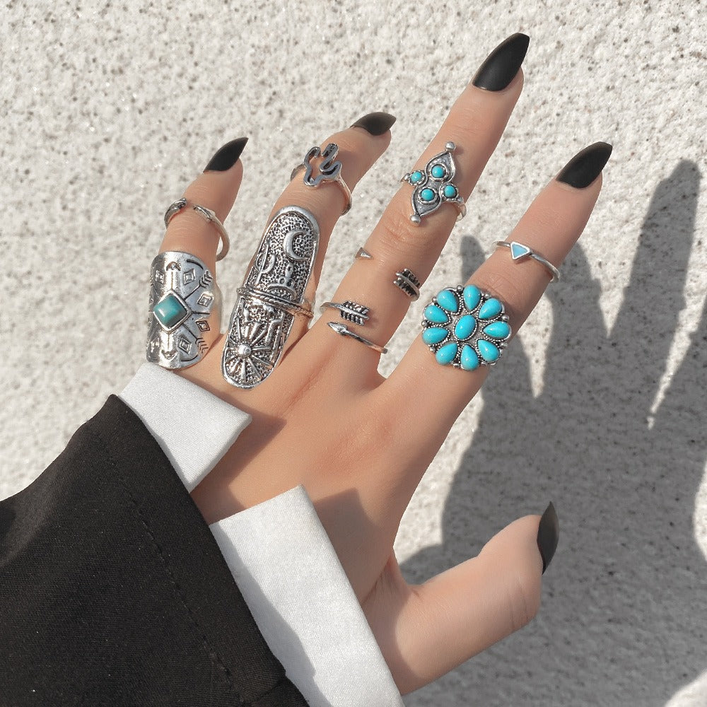 Retro Carved Turquoise 9-Piece Ring Set