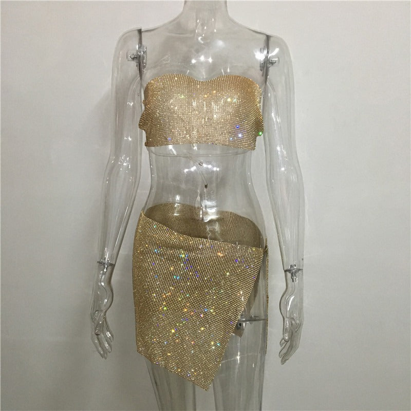 Women's Rhinestone Tube Top and Skirt Set