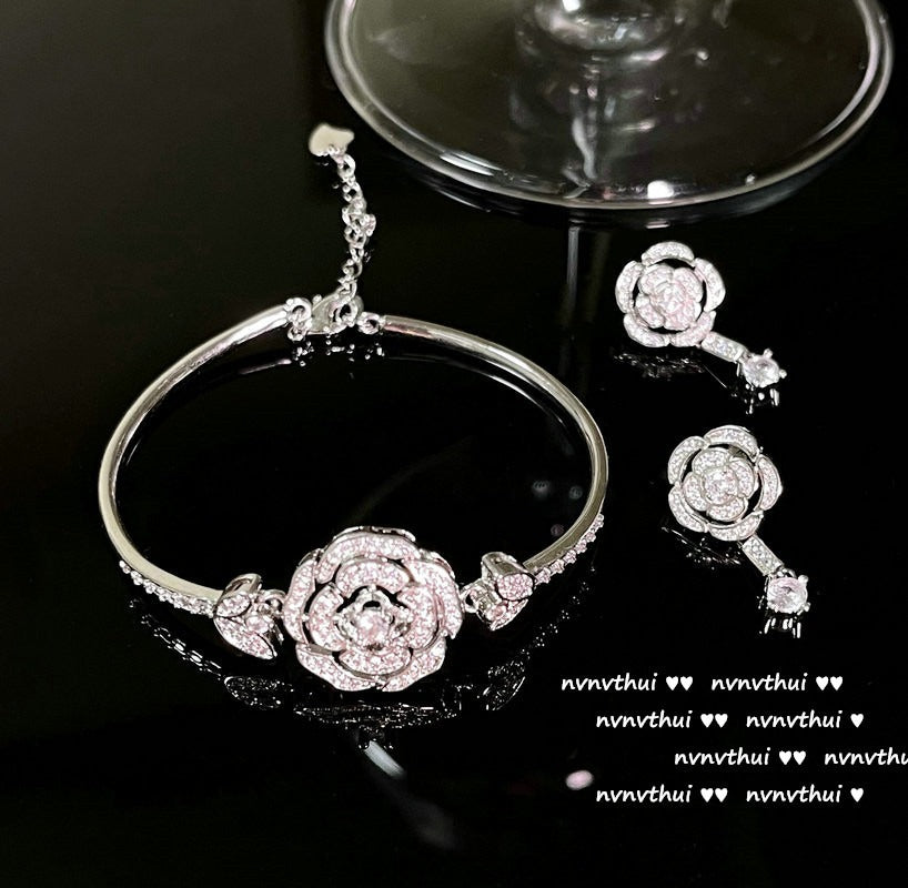 Women's Retro French Rosette 18K Gold Plated Camellia CZ Jewelry Set