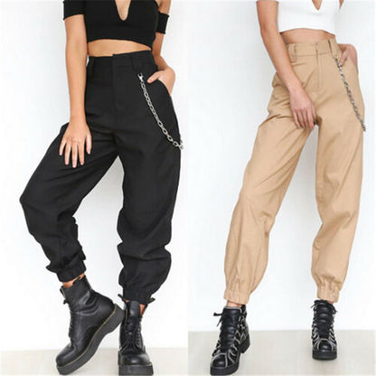 Women's High-Waist Elastic-Bottom Cargo Pants