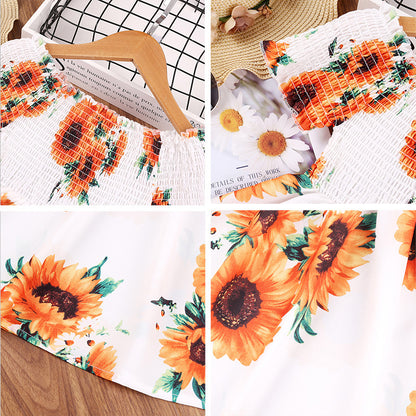 Girl's Sunflower Print Off the Shoulder Dress