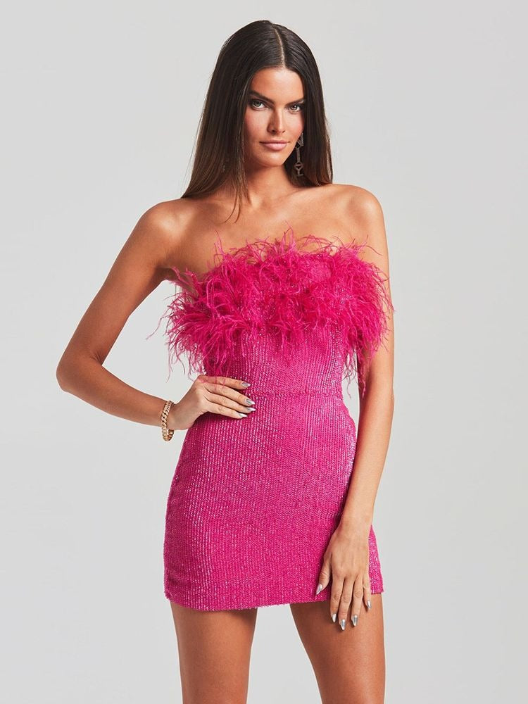 Women's Strapless Ostrich Feather Tube Top Dress