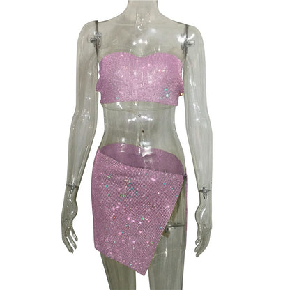 Women's Rhinestone Tube Top and Skirt Set