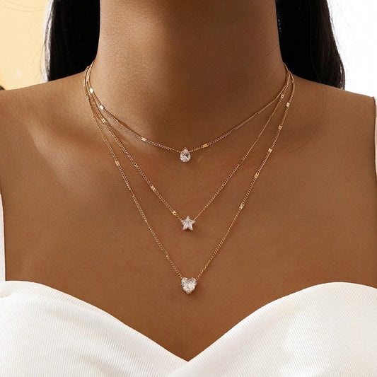 Women's Crystal Heart Star Charm Layered Necklace