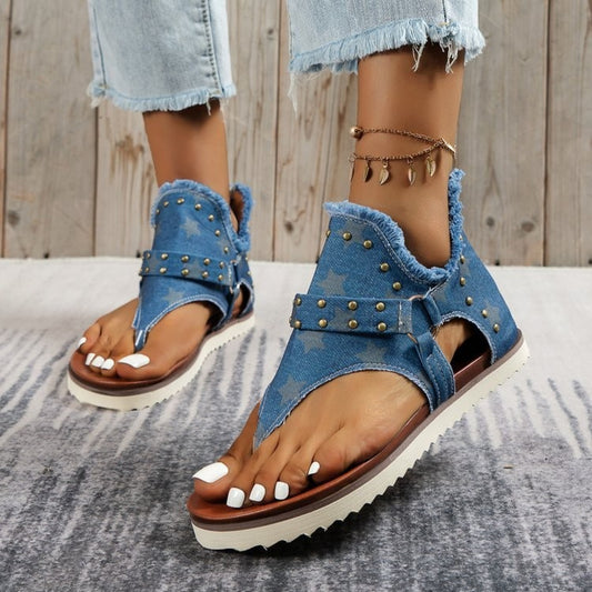 Women's Studded Raw Hem Flat Denim Sandals